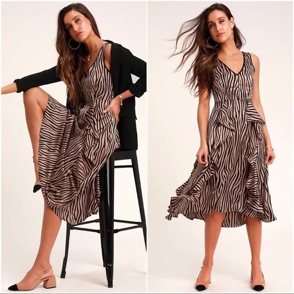 Lulus Dresses & Skirts - NWT Lulu’s Won’t be Tamed tiger print ruffle satin dress small V-neck midi dress